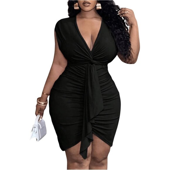Plus Size Women's Mini Dress V Neck Ruched Bodycon Dress with Dolman Sleeve - Picture 1 of 5